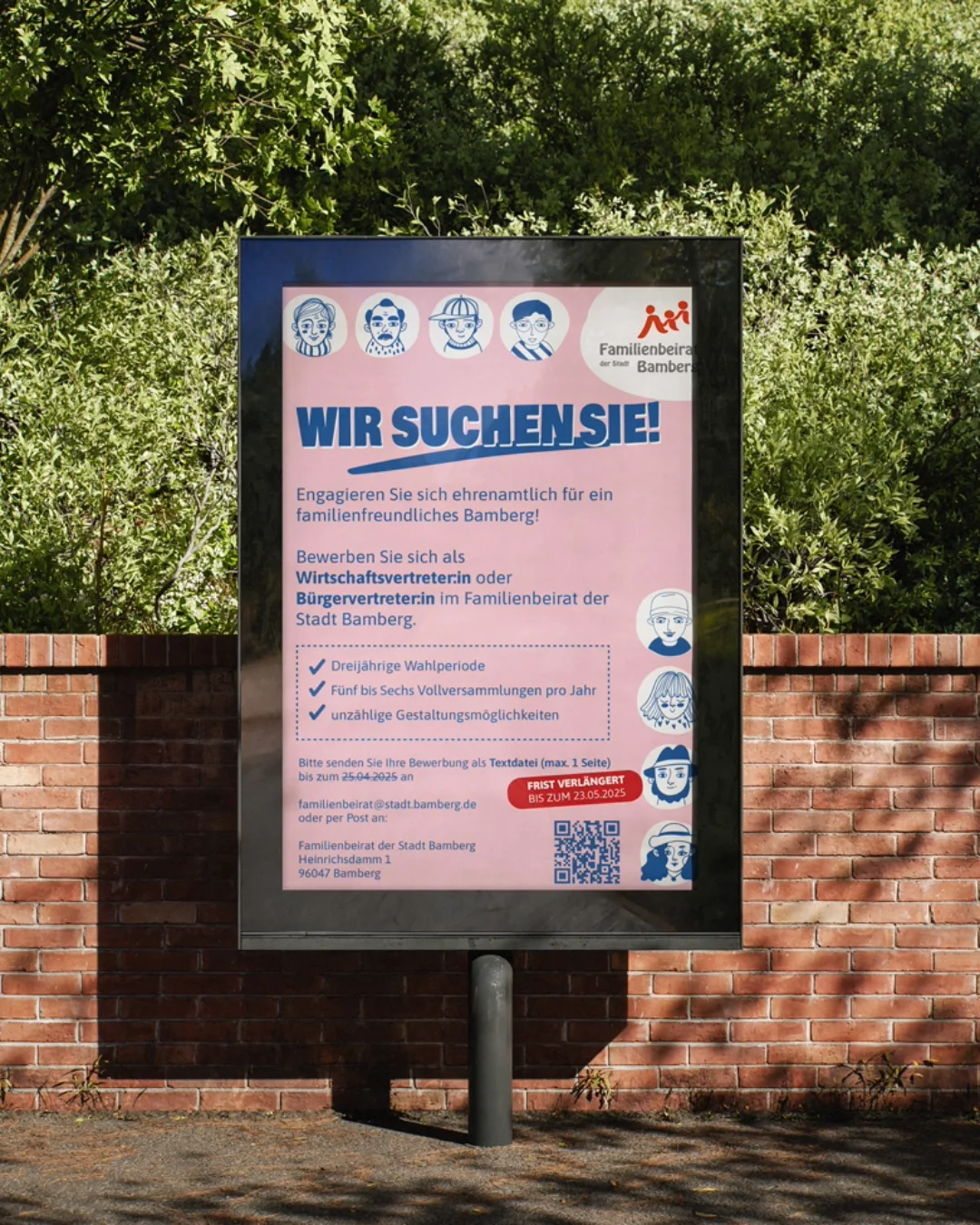 Wahlplakat für den Familienbeirat der Stadt Bamberg 2025, ehrenamtlich gestaltet von Grafikdesigner Steven P. Carnarius, der bis September 2025 Mitglied des Familienbeirates war.